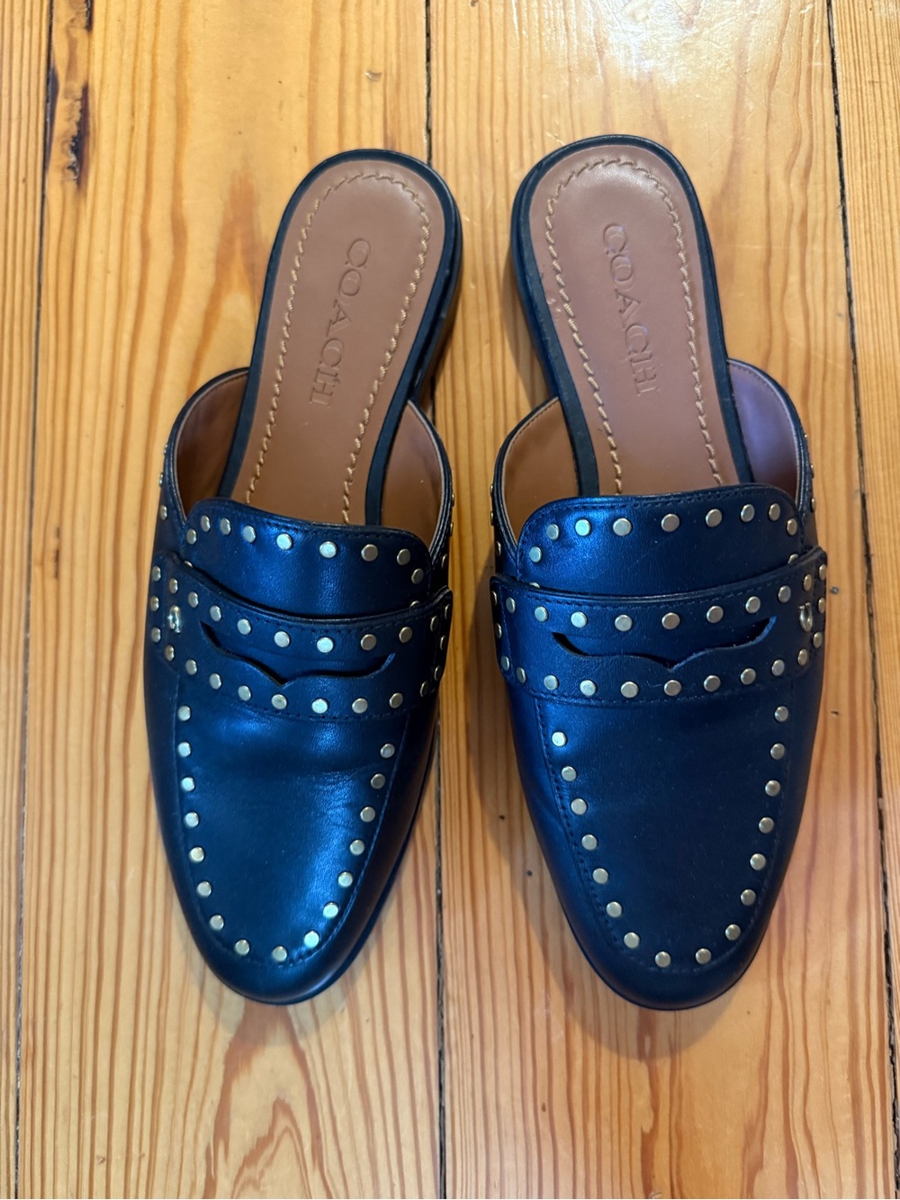 COACH Black Leather Studded Mule Slides